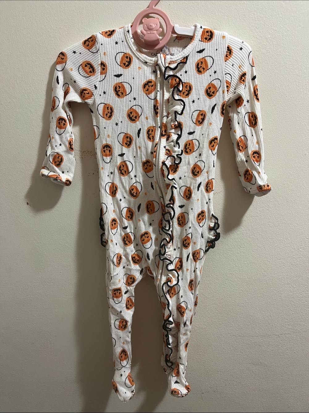 NWOT Caden Lane Bamboo Waffle Ruffle Zipper Footie Halloween Pumpkin 6-9M